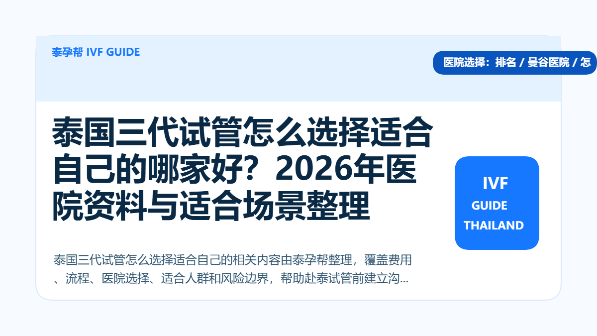 泰国三代试管怎么选择适合自己的医院，泰孕帮提供2026年医院资料与适合场景整理，蓝色医疗杂志风格封面